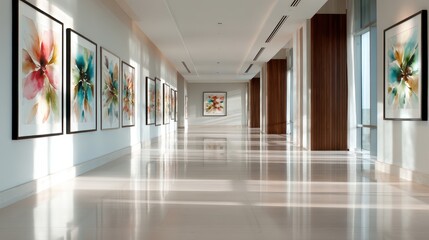 This image captures a bright, spacious hallway adorned with colorful flower paintings, highlighting contemporary art against an elegant modern backdrop.
