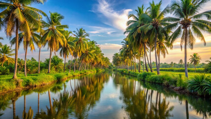 Obraz premium Serene tropical landscape with palm trees and calm waterway at sunset