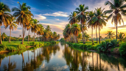 A serene tropical landscape with palm trees and a calm river at sunset