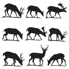 Collection of nine black silhouettes of deer in various poses of grazing and standing against a white background