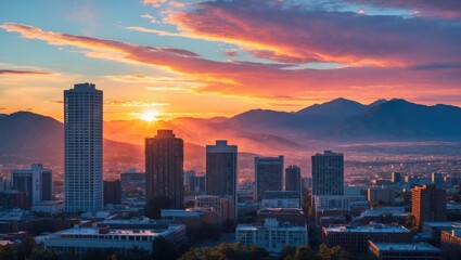 Fototapeta premium Salt Lake City Skyline at Sunset Utah Urban Landscape with Mountains Backdrop