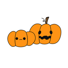 Two cartoon pumpkins with one of them having a scary face