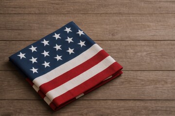 Obraz premium American Flag Themed Napkin on a Wooden Table, Patriotism and Celebration, Overhead View