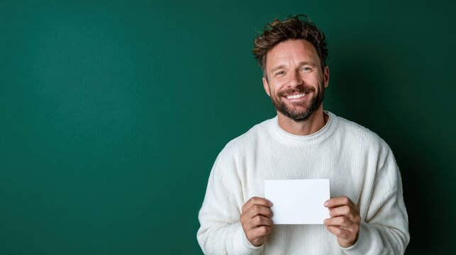 A cheerful man with a bright smile holds a blank card, set against a green backdrop, exuding warmth and inviting expressions of creativity or personal messages.