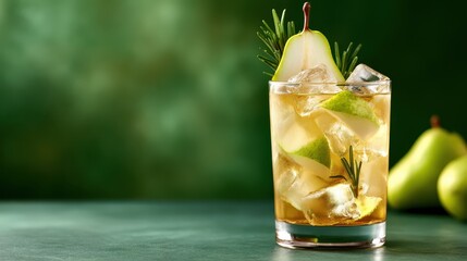 This image features a refreshing cocktail made with pear, garnished with fresh herbs and ice, perfect for summertime gatherings and elegant occasions.