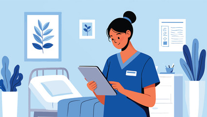 Nurse using digital tablet in hospital room - Vector Illustration