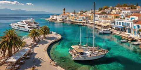 Picturesque Coastal Harbor with Sailboats, Luxury Yachts, Palm Trees, and Colorful Mediterranean Architecture in Greece