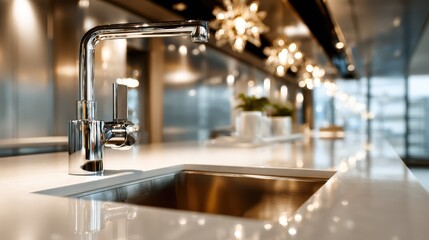 The image showcases a stylish kitchen faucet above a sink set in a modern kitchen design, emphasizing sleek lines and a bright, luxurious atmosphere for cooking.