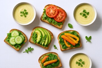 Colorful Vegan Toasts with Various Fresh Vegetable Toppings and Creamy Soup Bowls Isolated on White