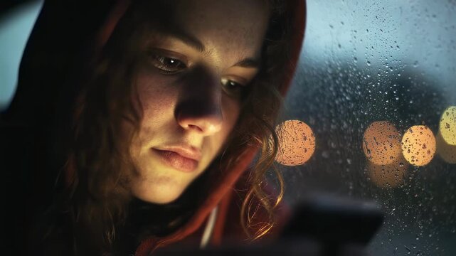 Close medium shot of a teen scrolling phone with screen light on face hazy storm clouds blurred above mirroring inner turmoil from excessive nighttime digital engagement.