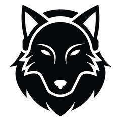 Black wolf head with headphones graphic icon animal white