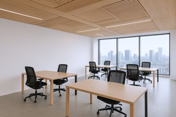 Bright Modern Office Space with Minimalist Design and City Views, Featuring Wooden Accents and Natural Light