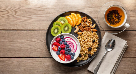 Nutritious breakfast bowl fresh fruits nuts granola herbal tea healthy morning meal flat lay