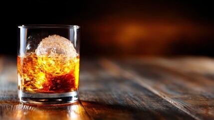 A striking image of a glass filled with whiskey and a large ice cube set against a rustic wooden table, creating a warm, inviting atmosphere perfect for relaxation and enjoyment.