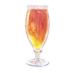 Full glass goblet with red brown beer and bubble foam. Watercolor isolated closeup illustration. Vibrant produce, restaurant menu, banners and greeting cards. For all bar design and clip art