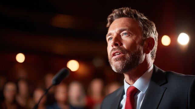 A man passionately delivering a speech on stage, exuding confidence and charisma, captivating the audience with his engaging presence and powerful message that resonates deeply.