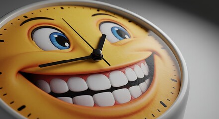 A close-up of a smiling emoji clock, showing the time with hands.