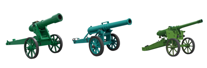 Set Of Flat Vector Artillery Gun Icon with Simplified Shape and Bold Outline, Transparent Background