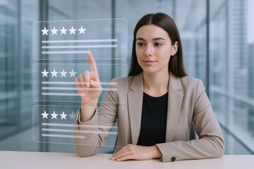 Businesswoman Reviews Customer Feedback on Transparent Screen for Enhanced Customer Satisfaction and Improved Business Performance