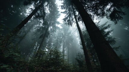 Misty Forest Canopy: Atmospheric View of Tall Trees Reaching Skyward in a Lush Woodland