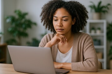 Focused Woman Working on Laptop at Home Office, Remote Work and Technology Concept