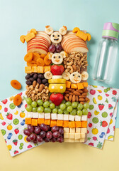 Children&rsquo;s snack board fruit nut fun animal shapes playful healthy lunch for kids