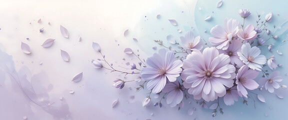 Elegant floral abstraction in bright orchid purple and lavender tones, contrasted with jade green and subtle golden-yellow hints, layered oil textures, modern organic composition with rhythmic balance