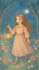 Fototapeta premium Whimsical girl lantern night