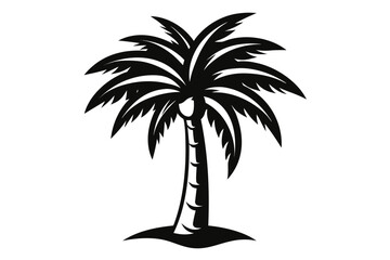 Obraz premium Captivating silhouette of a classic palm tree, its lush fronds reaching skyward, evoking tropical paradise vibes and serene beach escapades for your next vibrant design project.