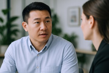 Business Meeting: Asian Businessman Engaging in Conversation with Female Colleague in Professional Setting