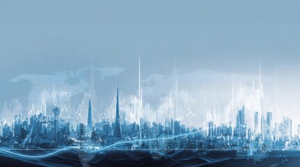 Futuristic Cityscape with Data Visualization Overlay: Technology, Innovation, and Connectivity in a Modern Urban Environment