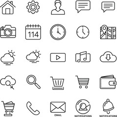 User interface icon set, communication and social media line icons, home, settings, profile, chat, calendar, clock, weather, shopping cart © Shahadot Creatives