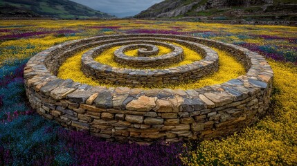 Stone Spiral in Colorful Field