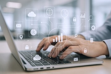 Business professional using laptop with data, analytics, and cloud computing virtual interface for modern technology