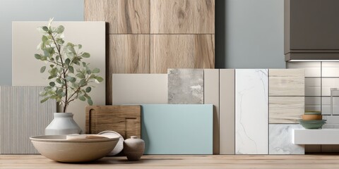 Interior design mood board featuring natural materials, textures, and neutral color palette for modern kitchen renovation