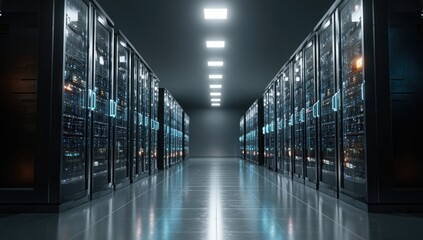 Dark server room with rows of racks