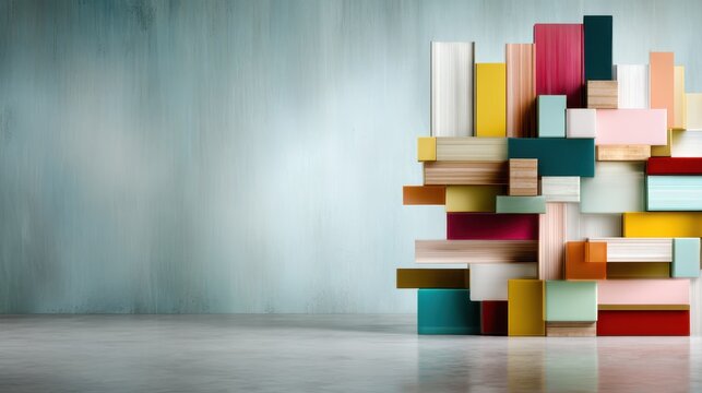 An eye-catching arrangement of geometric shapes in vibrant colors forms a contemporary abstract wall art piece against a simple blue background, celebrating modern artistic styles.