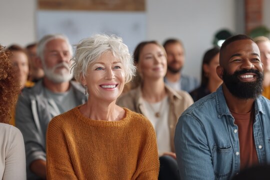Diverse group of people attending a seminar, conference, or public event, smiling and looking ahead, indoor shot - Powered by Adobe