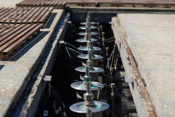 Technical components of a dancing water fountain under maintenance