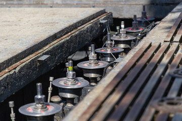 Technical components of a dancing water fountain under maintenance
