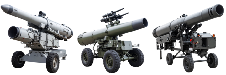 Set Of Modern Anti-Aircraft Cannon Angled Perspective with Radar Attachment, Transparent Background