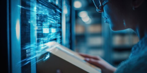 Woman Inspecting Package With Futuristic Interface: Inventory Management, Supply Chain, and Advanced Technology