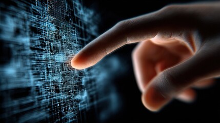 Human Finger Interacting with a Digital Screen Displaying Complex Circuitry, Representing Technology and Connectivity