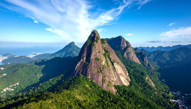 Panoramic view of a mountain range with lush vegetation. - Powered by Adobe