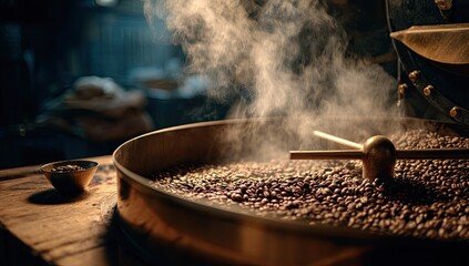 Roasted coffee beans steaming