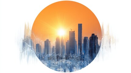 Cityscape Silhouette at Sunset with Abstract Data Visualization Overlay, Representing Urban Technology and Financial Markets