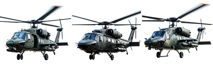 Set Of Modern Military Helicopter Gunship Side View with Rotating Blades, Transparent Background