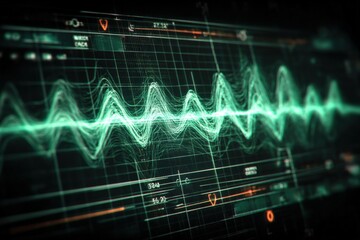 Futuristic Interface Displaying Real-Time Data Analysis with Complex Wavelengths and Oscillating Signals in Green Color