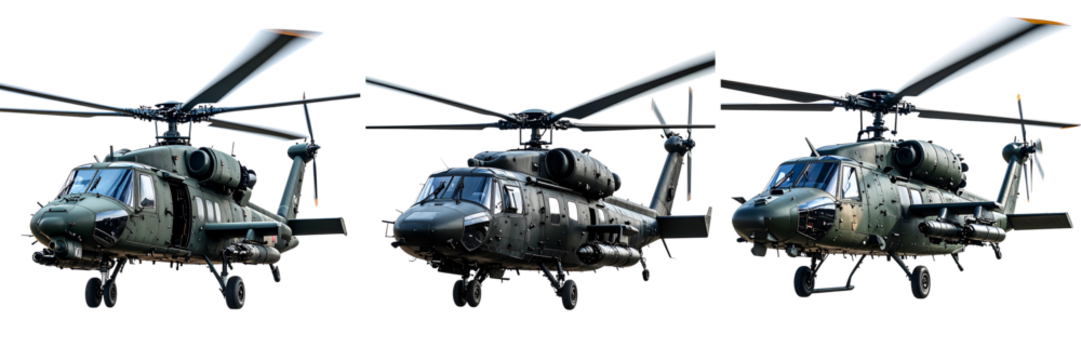 Set Of Modern Military Helicopter Gunship Side View with Rotating Blades, Transparent Background