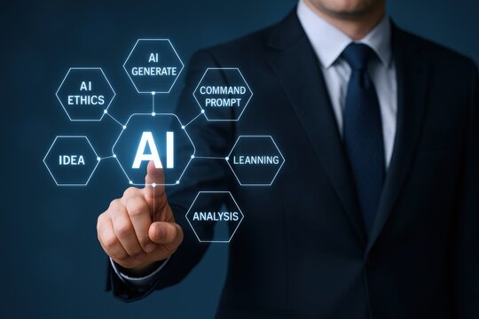 AI Integration Concept: Businessman Interacting with Artificial Intelligence Interface, Displaying Ethics, Generation, Command Prompt, Learning, Analysis, and Ideas